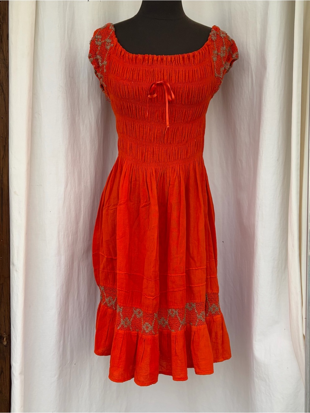Orange Smocked Midi Dress, Summer Beach Sundress, Boho Festival Cottagecore